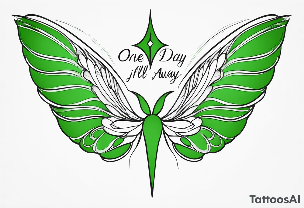 Green fairy wings with text “one day I’ll fly away” tattoo idea