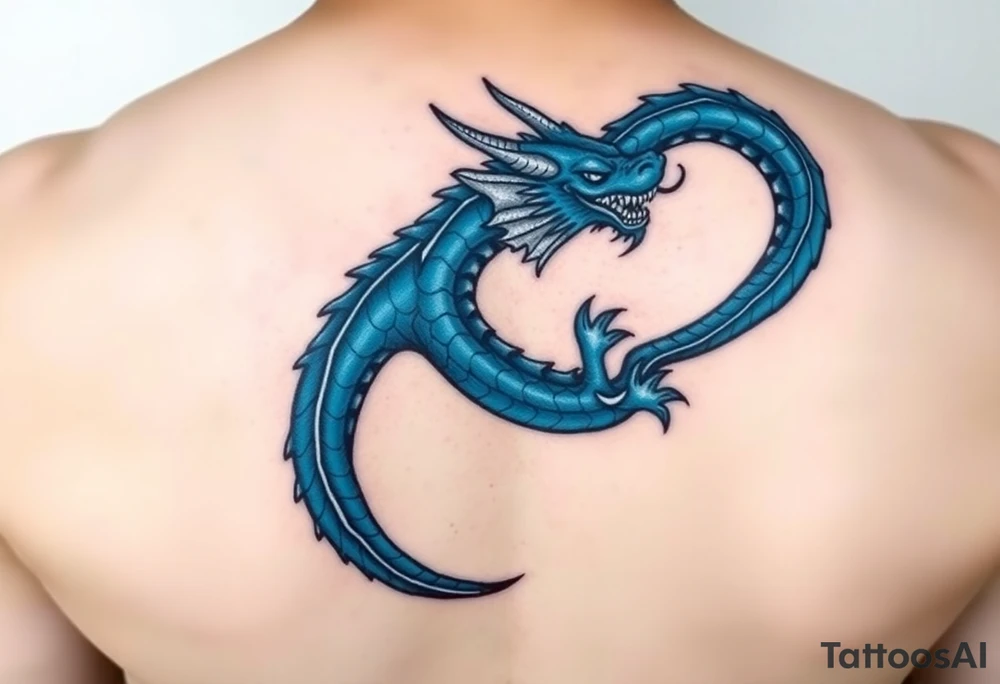The design features a dragon, coiled in the shape of the infinity symbol (sideways number "8"). The dragon is depicted eating its own tail, symbolizing eternity and continuity, inspired by the Ouroboros.

Details:

The dragon's body has vibrant, glossy blue scales, with a smooth and polished texture.
It maintains a clean, balanced shape in the infinity figure, with sharp details and elegant flow.
Style:

The focus remains on the dragon's form, with no additional background elements to keep the design minimal and modern. tattoo idea