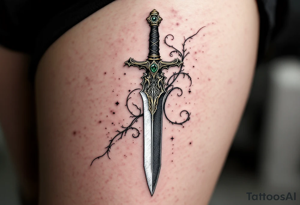 Vintage Ornate Dagger – A detailed dagger with intricate patterns along the blade and hilt, featuring golden accents and a deep emerald green gem in the pommel. The blade is shaded in dark steel gray with subtle silver highlights tattoo idea