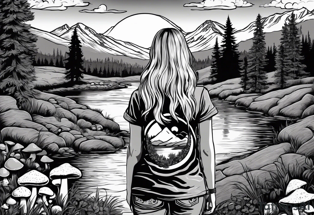 Whole picture encircled fully

Straight long blonde hair hippie girl in distance holding mushrooms in hand facing away toward mountains and creek surrounded by mushrooms long sleeve shirt and hiking pants; whole rendering within a full circle, no cut off circle tattoo idea