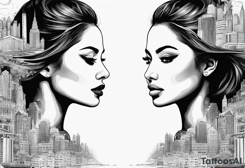 2 womans faces looking into each other eyes the womans face on the right side morphs into a city and the womans face on the left side morphs into mountains tattoo idea