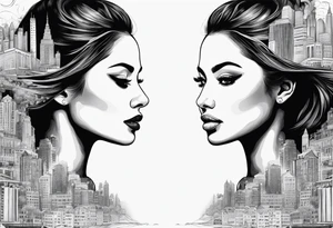 2 womans faces looking into each other eyes the womans face on the right side morphs into a city and the womans face on the left side morphs into mountains tattoo idea