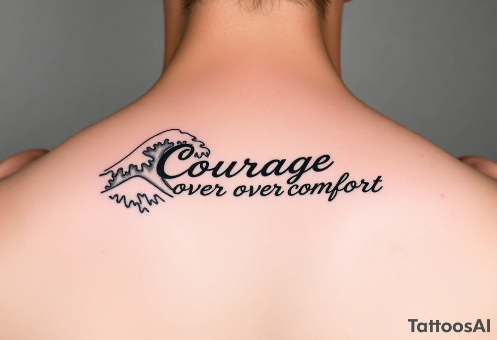 Fine line waves with words courage over comfort for the wrist tattoo idea