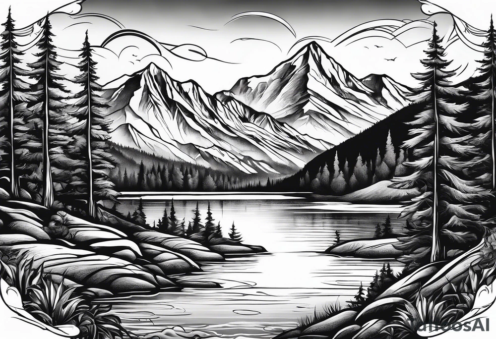 mountains and trees with lake and water skier tattoo idea