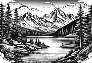 mountains and trees with lake and water skier tattoo idea