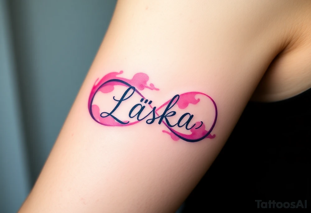 A watercolor infinity design in pastel pink and purple hues, with "Láska" softly blending into the curves, creating a dreamy effect tattoo idea