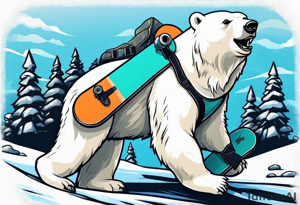 A polar bear standing on two legs holding a snowboard and wearing snow goggles tattoo idea