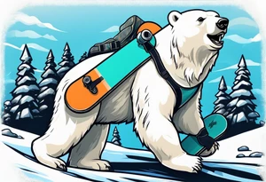 A polar bear standing on two legs holding a snowboard and wearing snow goggles tattoo idea