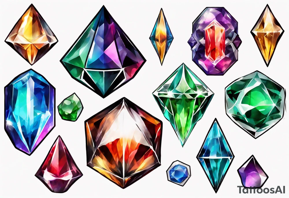 7 chaos emeralds in different colors with a slight sonic theme to it tattoo idea