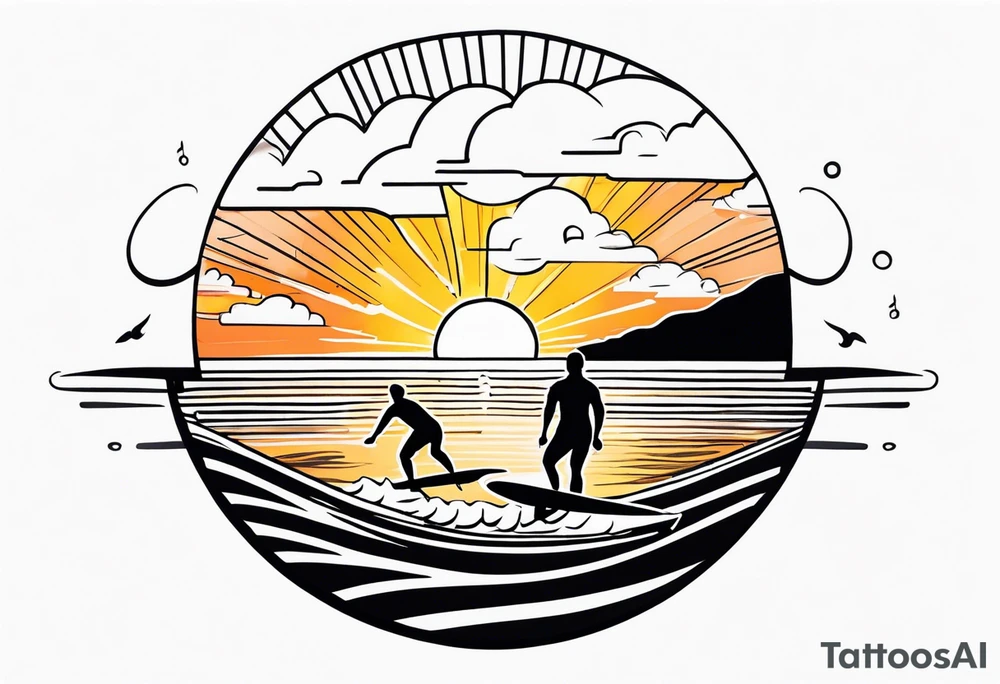 Black and white Line work tattoo depicting a father surfing in the sunset, and sharing his surfboard with his two daughters.  The sunset and horizon has musical notes. tattoo idea