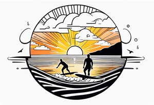 Black and white Line work tattoo depicting a father surfing in the sunset, and sharing his surfboard with his two daughters.  The sunset and horizon has musical notes. tattoo idea