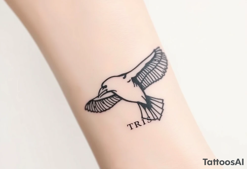 A detailed raven in mid-flight, wings spread wide with intricate feather patterns, symbolizing Tris’s journe and name TRIS tattoo idea