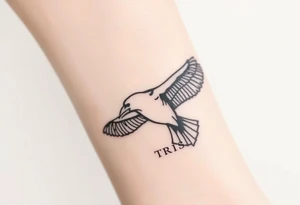 A detailed raven in mid-flight, wings spread wide with intricate feather patterns, symbolizing Tris’s journe and name TRIS tattoo idea
