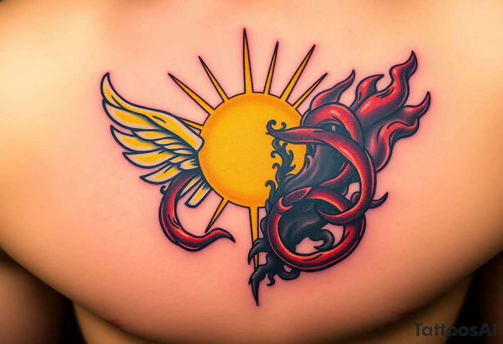 A shining golden angelic halo, surrounded by light and rays of peace, clashing with red, twisted horns curling from the opposite side, dark and menacing, with smoke and shadows, symbolizing a battle between holiness and temptation. tattoo idea