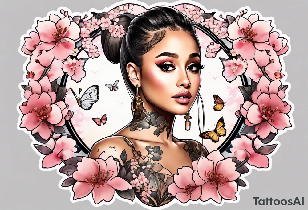 Ariana Grande surrounded in a golden aura with cherry blossoms and white butterflies with a key that unlocks a heart tattoo idea