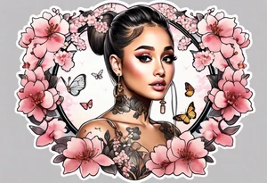 Ariana Grande surrounded in a golden aura with cherry blossoms and white butterflies with a key that unlocks a heart tattoo idea