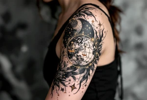 A realistic celestial globe in grayscale features the Libra symbol and Libra star constellation accented with golden stars. tattoo idea