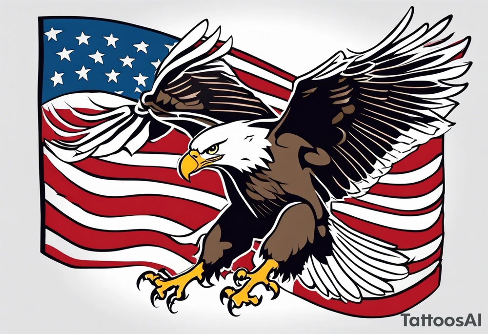 American eagle flying while holding American flag in beak tattoo idea