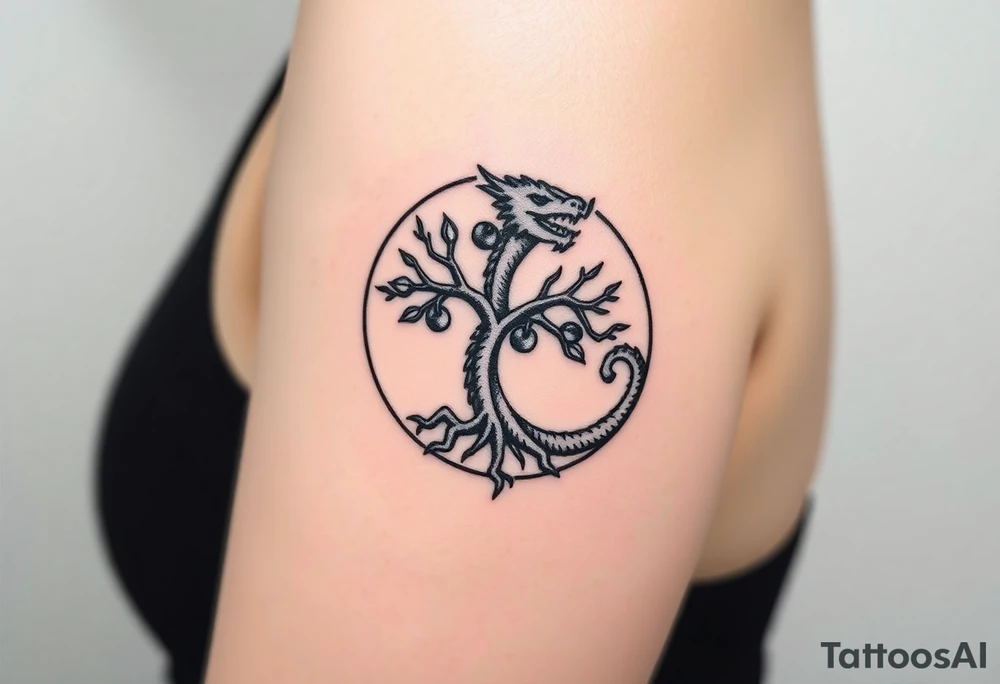 a dragon forming a circle with its body.  the dragon encircles the tree of life.   the tree of life has fruit  and the dragon is eating the fruit. the roots of the tree are strangling the tail of the dragon tattoo idea