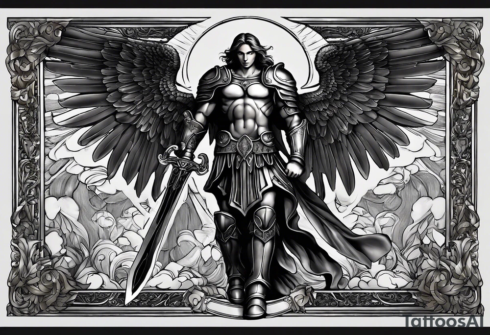 **Tattoo Design: Archangel Michael**

- **Central Theme**: Archangel Michael, majestic and powerful, stands ready with a raised sword, prepared to battle evil.
- **Appearance**: The figure of Archangel Michael depicted in full angelic armor, with majestic wings spread wide.
- **Expression**: His stance conveys strength, courage, and determination in defense of good.
- **Details**: Focus on intricate details such as facial features, armor embellishments, and the raised sword.
- **Background**: May be stylized as celestial, with rays of light or clouds, accentuating the divine presence of Archangel Michael.
- **Placement**: Intended for placement on the chosen body area, with the option to adjust the size according to personal preferences. tattoo idea