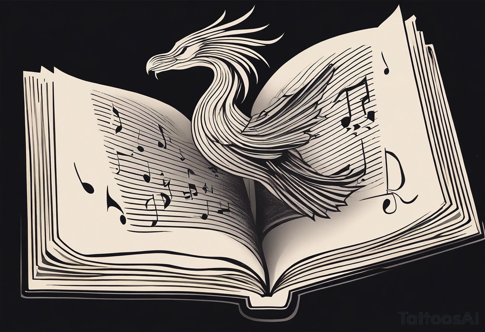 an elegantly drawn tattoo featuring an open book with pages that appear to flutter. Above the book, a small dragon silhouette, playfully flies in the air. To the right, a pawn chess piece stands proudly. Just above, a singular, swirling music note, emanating a sense of melody. On the left corner of the book, a majestic raven, feathers ruffled by an unseen wind. Below, a vibrant cluster of lavender flowers blooms, with a charming bumblebee hovering nearby tattoo idea
