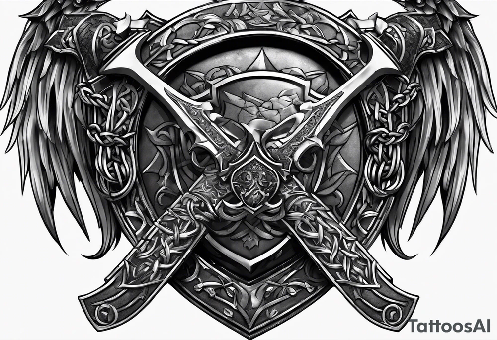 Valhalla sword shield axe barbed wire chains dark cloud tattoo idea