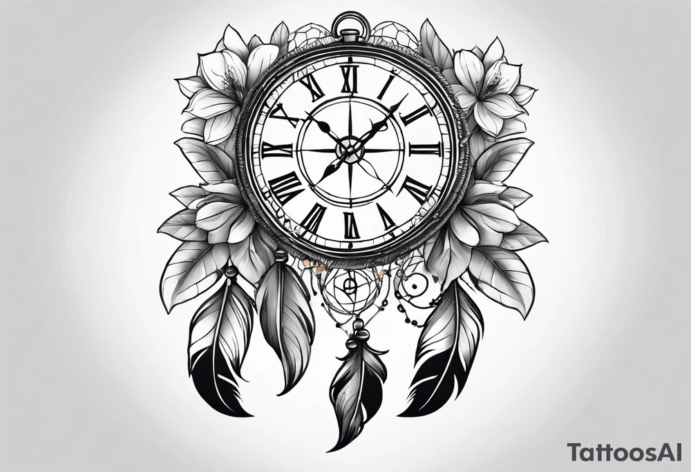 Dreamcatcher with three parts to it the Magnoliaflower at the top the clock in the middle in the compass at the bottom tattoo idea