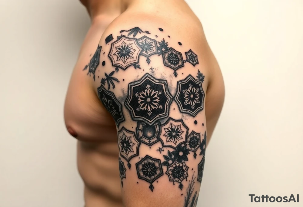 Good karma symbols inside honey combs repeated tattoo idea