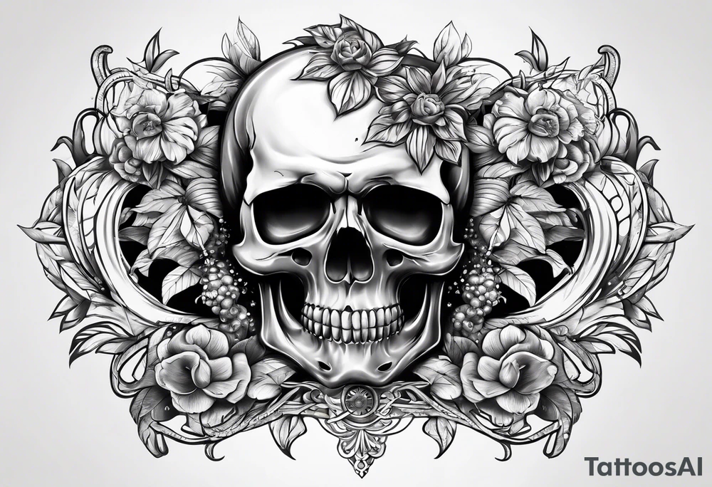 skull sleeve tattoo with memento mori written on it tattoo idea