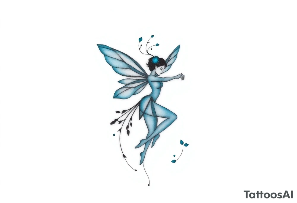 A minimalist fairy tattoo that represents a shattered and betrayed gemini woman who fought hard throughout this year. With colors blue and black. Make it unique and rare. Without leaves and stem. tattoo idea