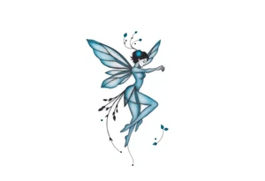 A minimalist fairy tattoo that represents a shattered and betrayed gemini woman who fought hard throughout this year. With colors blue and black. Make it unique and rare. Without leaves and stem. tattoo idea