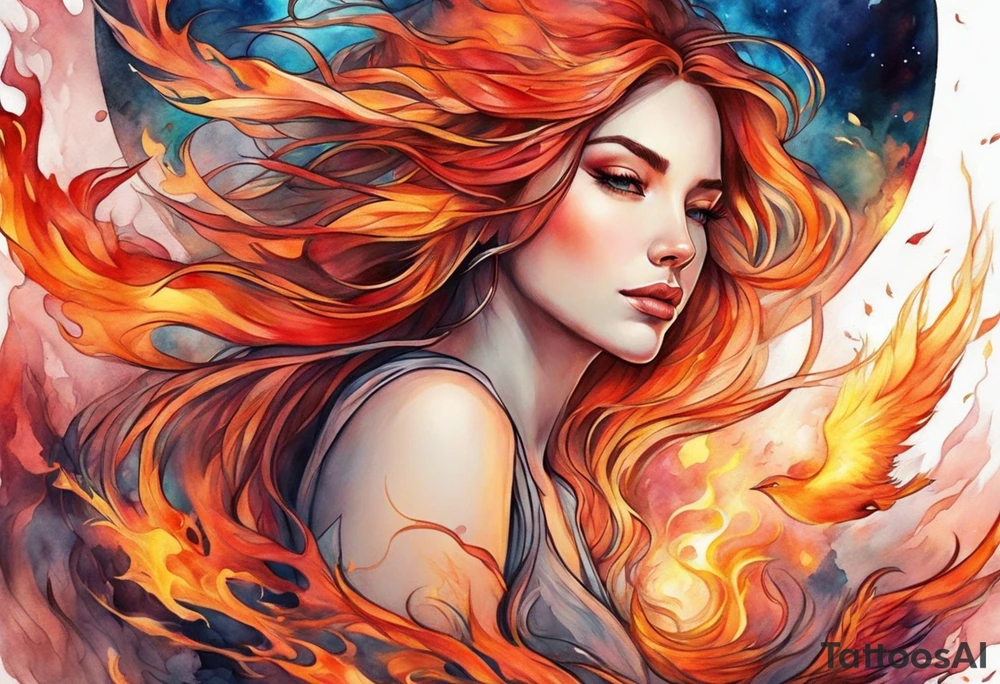 Resurrection strength and courage overcoming trauma Beautiful Woman leaving a world of fire, chaos and fear  to inner peace and self-love  ethereal tattoo idea