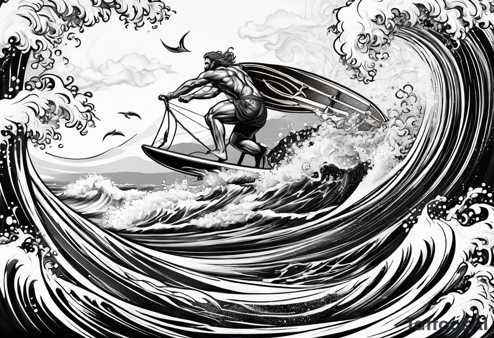 Poseidon im Meer mit Windsurfer und Wellen im Hintergrund tattoo idea