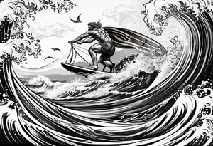 Poseidon im Meer mit Windsurfer und Wellen im Hintergrund tattoo idea