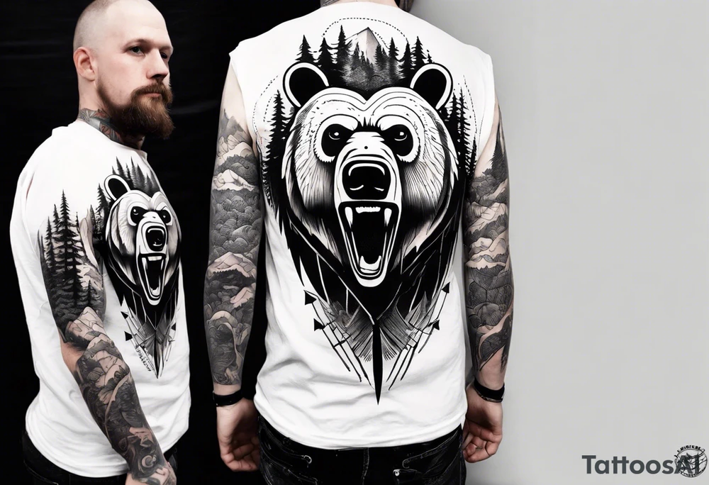 bear head right above the forest line with a lake below, full arm sleeve tattoo tattoo idea
