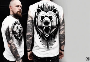 bear head right above the forest line with a lake below, full arm sleeve tattoo tattoo idea