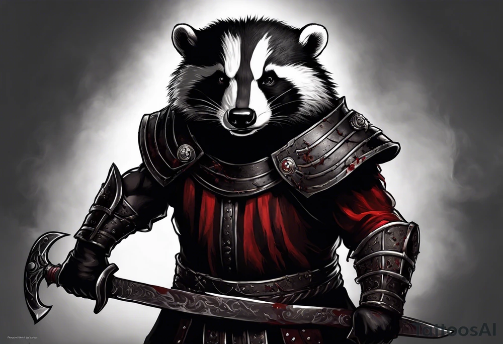Draw me psychopath Badger/Berserker with aggressive full body, killer face with a scary smile, very long nails and he attacks like a Bloody Assassin/Warrior/Gladiator to us and also, he has very deadly looking. He fights with his nails. Everybody scares after their first sight. Give me horror type Badger Tattoo. I want to see his Realistic full body. tattoo idea