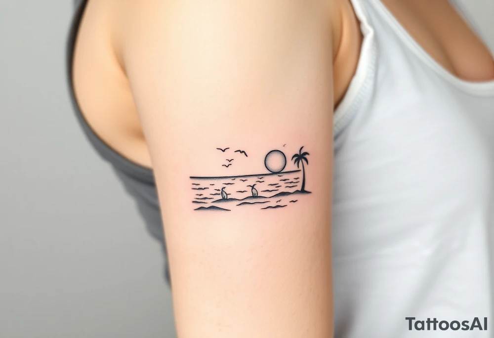happy, peaceful, serene, timeless, ocean, sand, palm tree, seagulls, sun, subtle, masculine tattoo idea