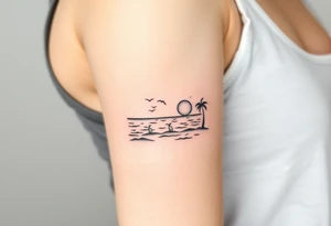 happy, peaceful, serene, timeless, ocean, sand, palm tree, seagulls, sun, subtle, masculine tattoo idea