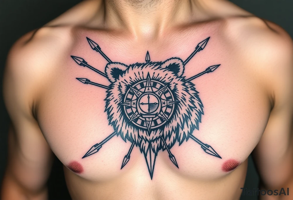 powerful bear with roman deisgn spears and a sun dial tattoo idea