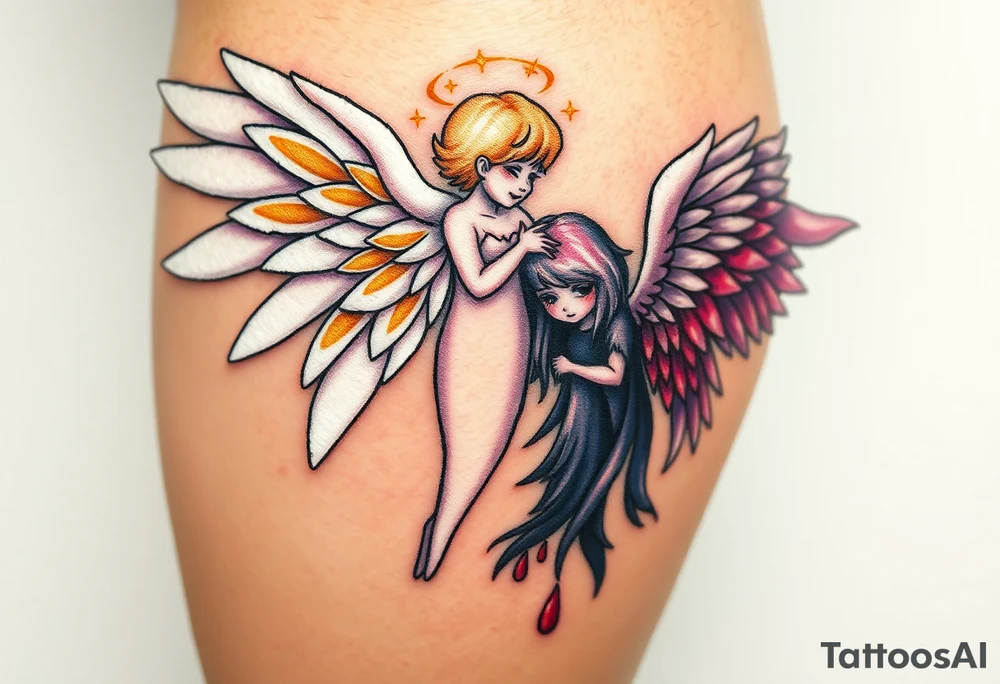 angel, with brilliant white wings that shine with golden accents standing against fallen angel, whose wings are tattered and darkened with deep purples, reds, and blacks, dripping with sorrowful tears of blood. tattoo idea