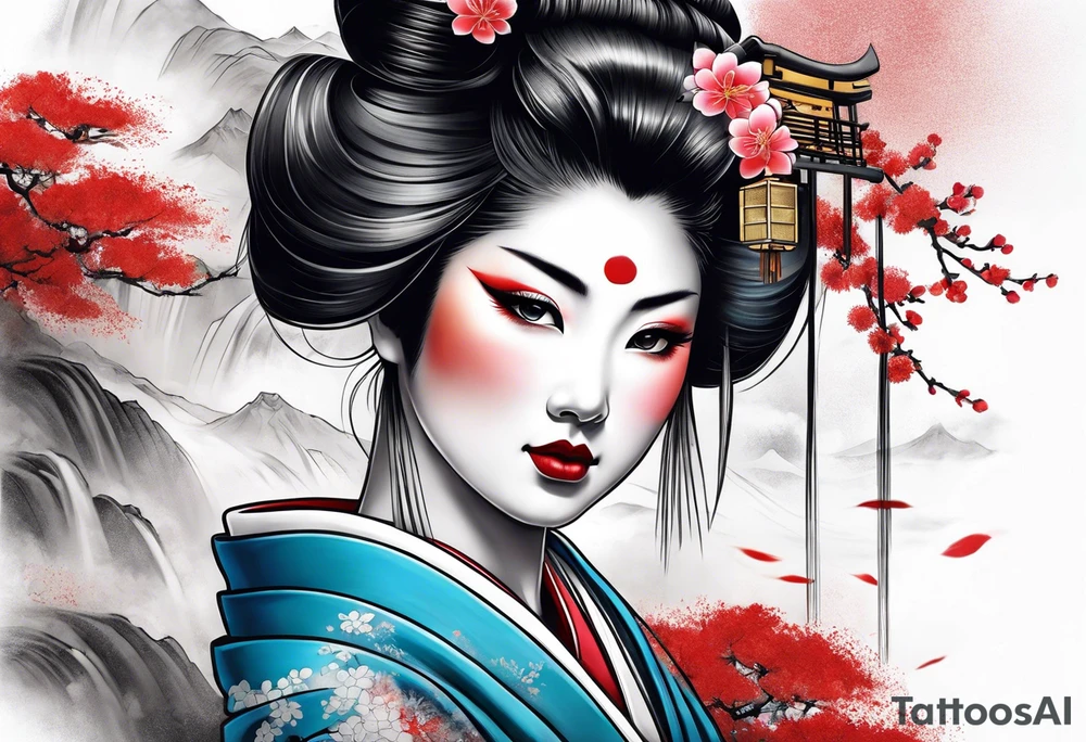 geisha girl that is also a Japanese waterfall tattoo idea