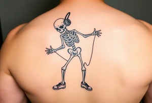 Funny small skeleton exercises jump rope with a blue headphones and blur tennis shoes tattoo idea