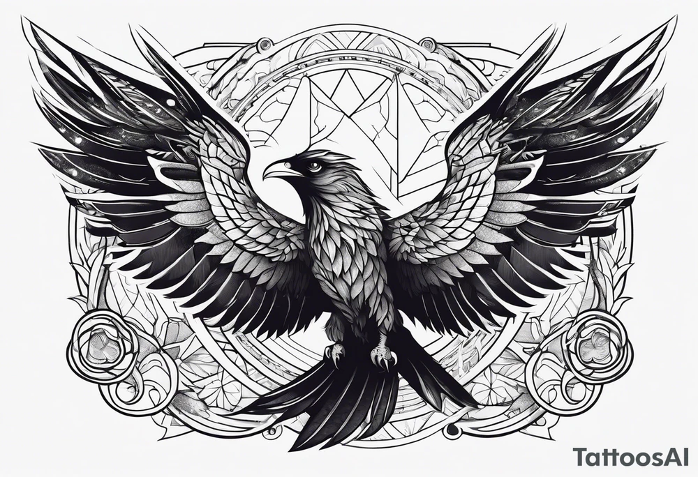 Pheonix and raven fighting with owl flying in at them tattoo idea