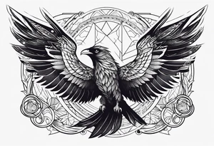 Pheonix and raven fighting with owl flying in at them tattoo idea