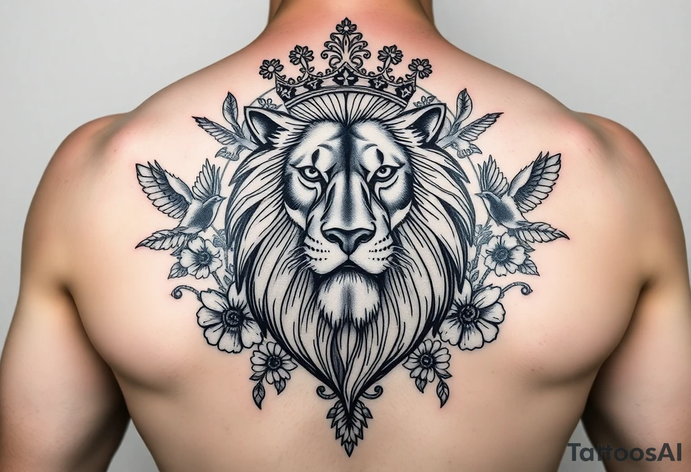 powerful majestic lion with a crown, surrounded by floral ornaments and birds tattoo idea
