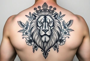 powerful majestic lion with a crown, surrounded by floral ornaments and birds tattoo idea