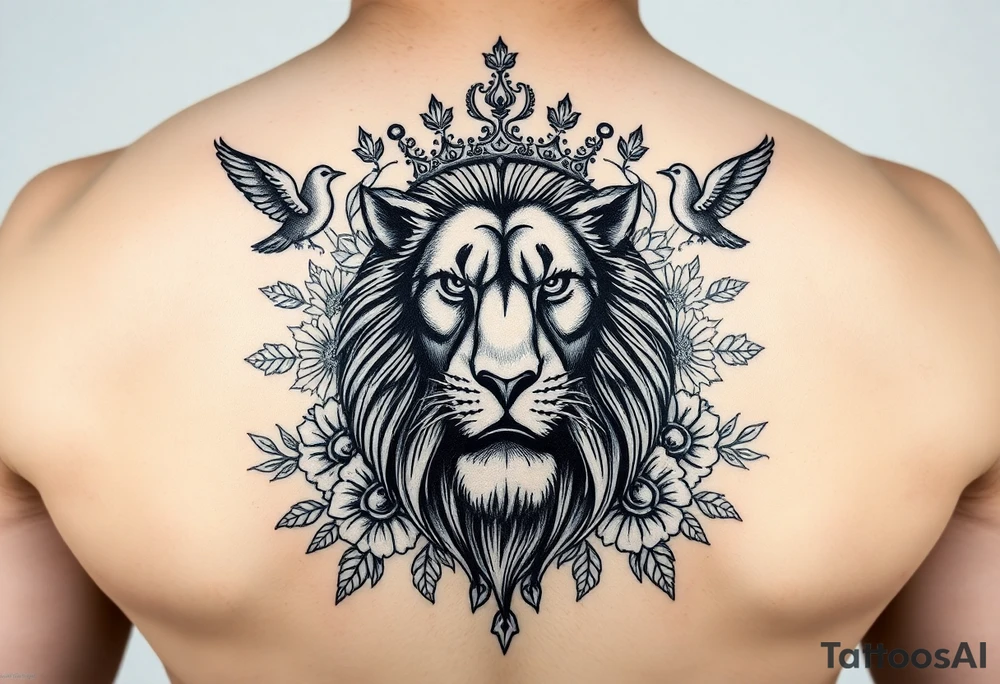 powerful majestic lion with a crown, surrounded by floral ornaments and birds tattoo idea