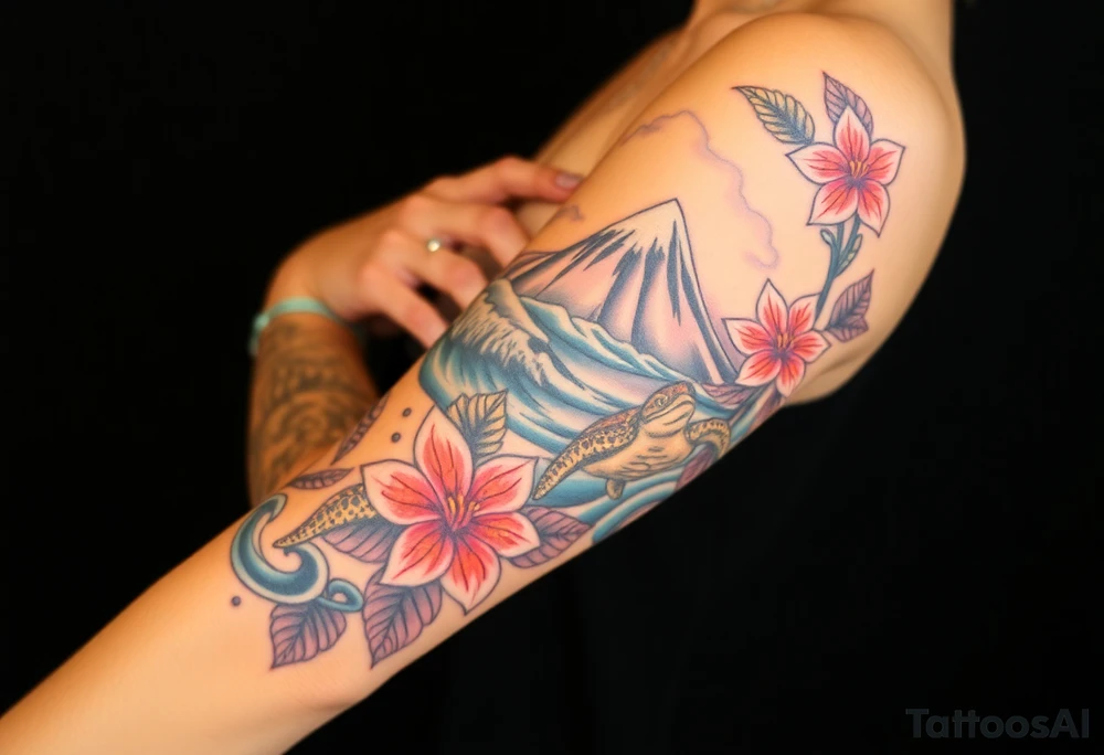 half sleeve, hawaiian theme, with water, mountains, tropical flowers, turtles. and disneys moana  characters tattoo idea