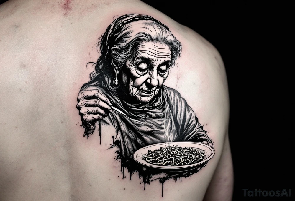 Arm tattoo: An old lady eating a plate of pasta tattoo idea